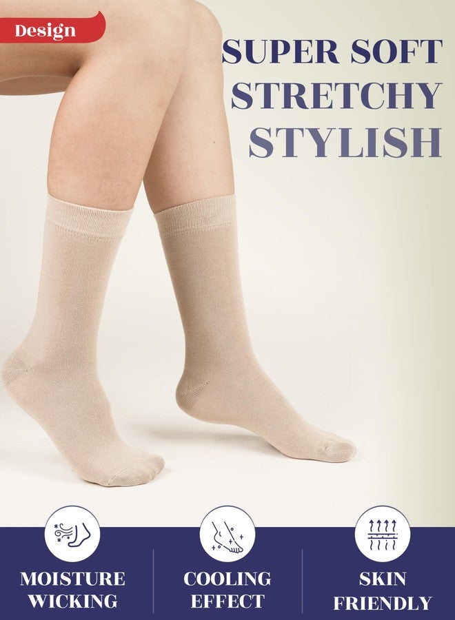 Hugh Ugoli Womens Cute Neutral Color Rayon Crew Socks, Aesthetic Girl Clothes, Soft, Fall Colored, 3 Pairs, Beige/Dark Beige/Brown, Shoe Size: 6-9 - Image 3